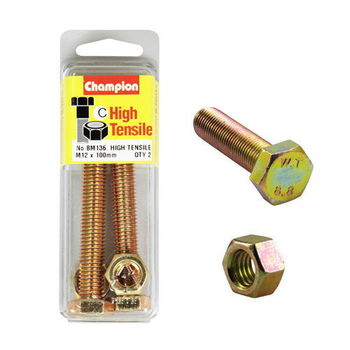 Champion BM136 High Tensile Full Thread Bolts & Nuts M12 x 1.75 x 100mm x2