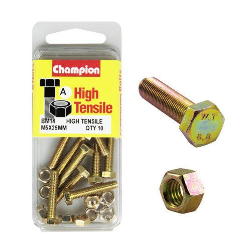 Champion Fasteners BM14 Metric High Tensile Bolts & Nuts M5 x 25mm Pack of 10