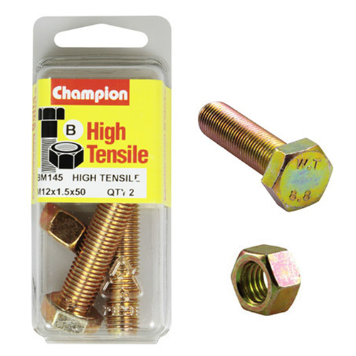 Champion BM145 High Tensile Full Thread Bolts & Nuts M12 x 1.5 x 50mm x 2