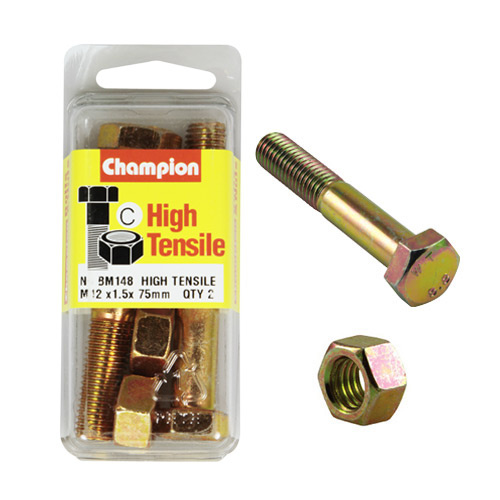 Champion BM148 Metric High Tensile Bolts & Nuts M12 x 1.5 x 75mm Pack of 2