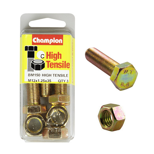 Champion BM150 High Tensile Full Thread Bolts & Nuts M12 x 1.25 x 35mm x3