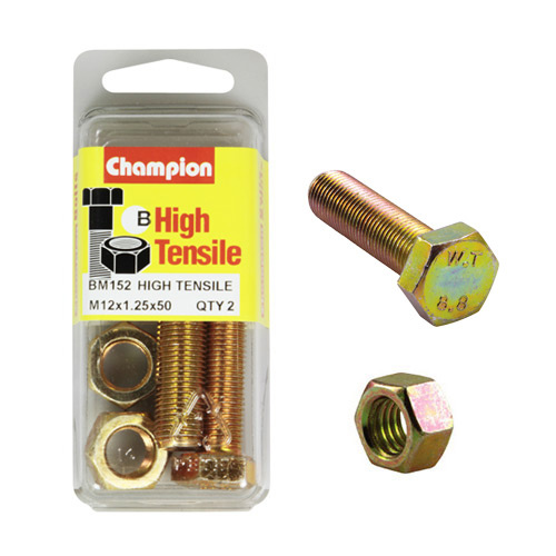 Champion BM152 High Tensile Full Thread Bolts & Nuts M12 x 1.25 x 50mm Pack of 2