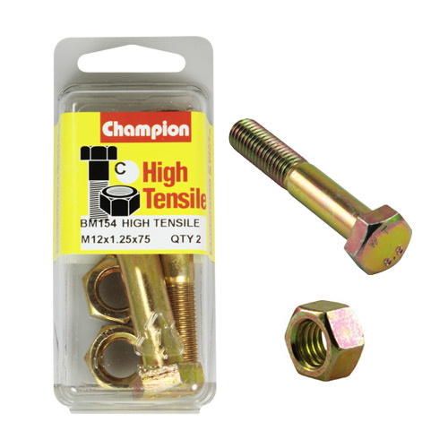Champion BM154 Metric High Tensile Bolts & Nuts M12 x 1.25 x 75mm Pack of 2