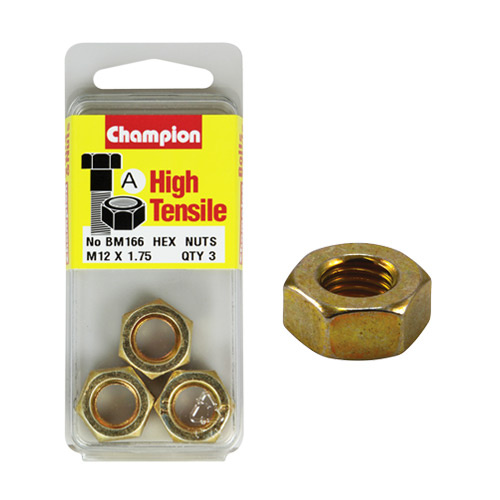 Champion Fasteners BM166 High Tensile Metric Hex Nuts M12 x 1.75 Pack of 3