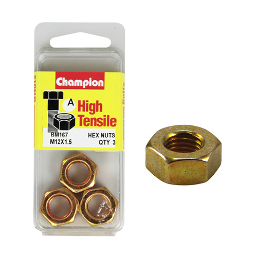Champion Fasteners BM167 High Tensile Metric Hex Nuts M12 x 1.5 Pack of 3