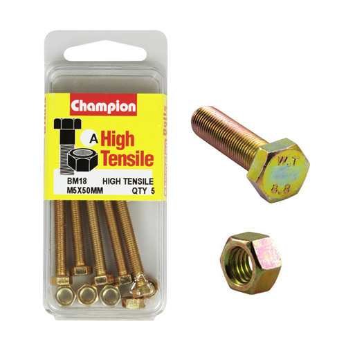 Champion BM18 Metric High Tensile Full Thread Bolts & Nuts M5 x 50mm Pack of 5