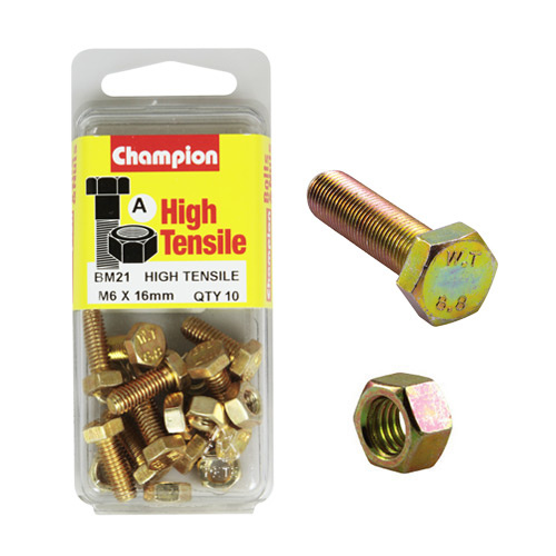 Champion Fasteners BM21 Metric High Tensile Bolts & Nuts M6 x 16mm Pack of 10