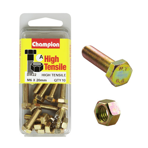 Champion Fasteners BM22 Metric High Tensile Bolts & Nuts M6 x 20mm Pack of 10