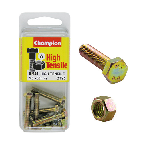 Champion Fasteners BM25 Metric High Tensile Bolts & Nuts M6 x 30mm Pack of 5