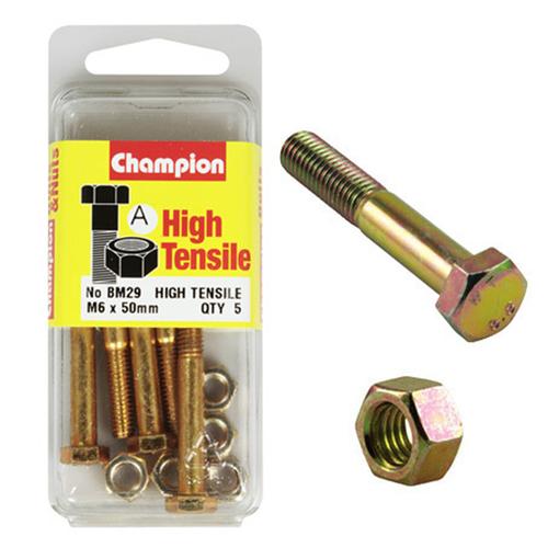 Champion Fasteners BM29 Metric High Tensile Bolts & Nuts M6 x 50mm Pack of 5