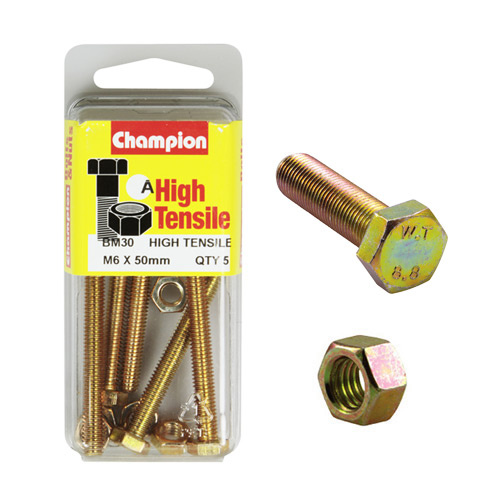 Champion BM30 Metric High Tensile Full Thread Bolts & Nuts M6 x 50mm Pack of 5