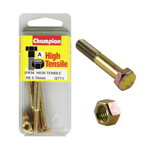 Champion Fasteners BM34 Metric High Tensile Bolts & Nuts M6 x 70mm Pack of 3