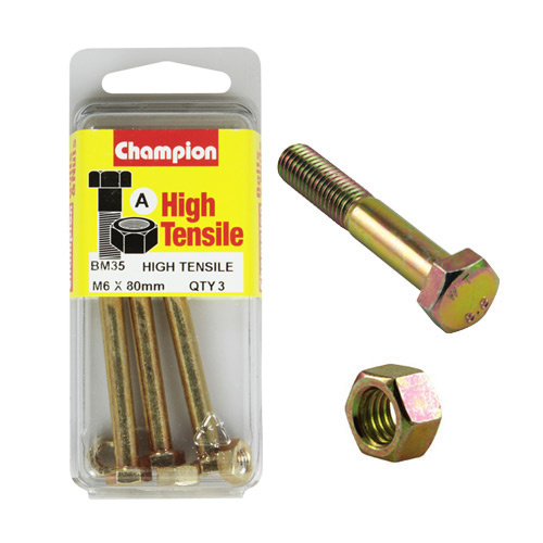Champion Fasteners BM35 Metric High Tensile Bolts & Nuts M6 x 80mm Pack of 3