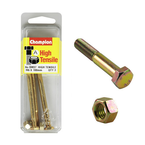 Champion Fasteners BM37 Metric High Tensile Bolts & Nuts M6 x 100mm Pack of 3