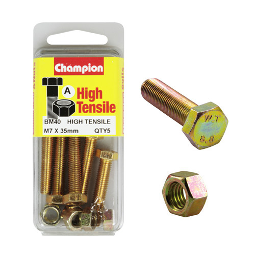 CHAMPION FASTENERS BM40 METRIC HIGH TENSILE BOLTS & NUTS M7 x 35mm PACK OF 5
