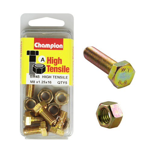 CHAMPION BM45 METRIC HIGH TENSILE BOLTS & NUTS M8 x 1.25 x 16mm PACK OF 5