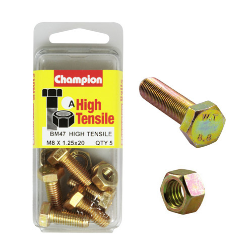 Champion BM47 Metric High Tensile Bolts & Nuts M8 x 1.25 x 20mm Pack of 5