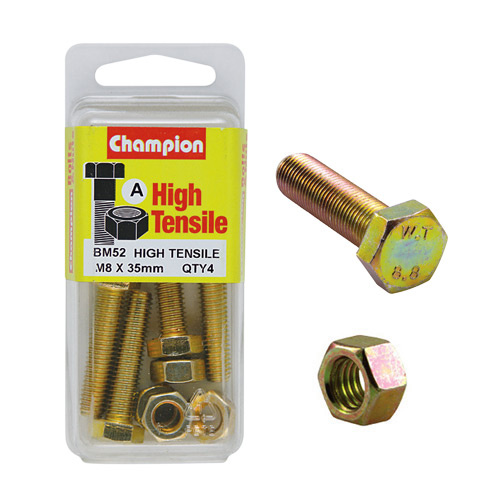 CHAMPION BM52 METRIC HIGH TENSILE BOLTS & NUTS M8 x 1.25 x 35mm PACK OF 4