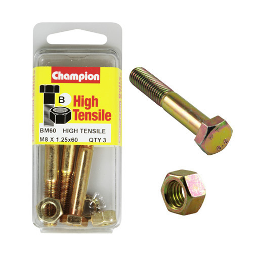 CHAMPION BM60 METRIC HIGH TENSILE BOLTS & NUTS M8 x 1.25 x 60mm PACK OF 3