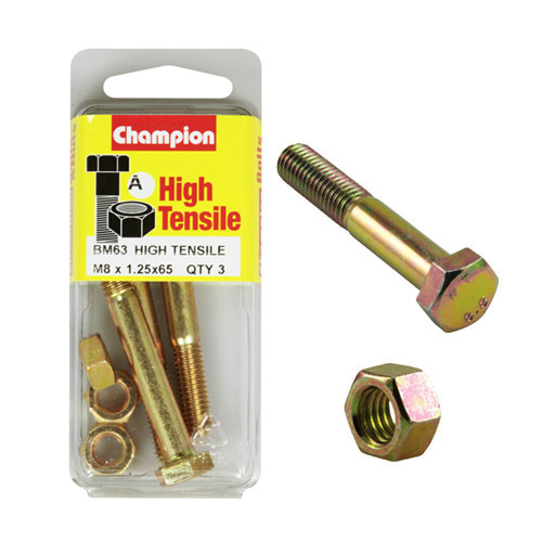 CHAMPION BM63 METRIC HIGH TENSILE BOLTS & NUTS M8 x 1.25 x 65mm PACK OF 3