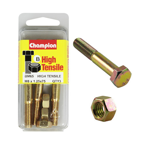CHAMPION BM65 METRIC HIGH TENSILE BOLTS & NUTS M8 x 1.25 x 75mm PACK OF 3