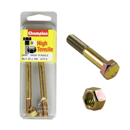 CHAMPION BM69 METRIC HIGH TENSILE BOLTS & NUTS M8 x 1.25 x 100mm PACK OF 2