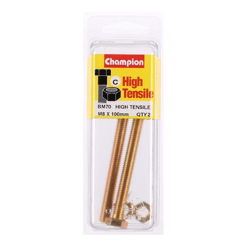 CHAMPION BM70 HIGH TENSILE FULL THREAD BOLTS & NUTS M8 x 1.25 x 100mm PACK OF 2