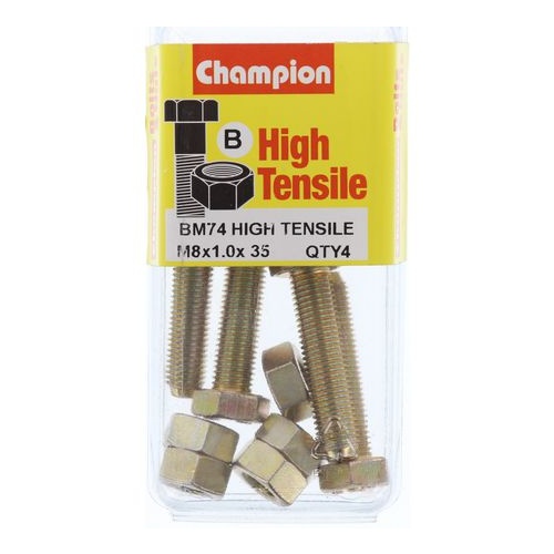CHAMPION BM74 METRIC HIGH TENSILE BOLTS & NUTS M8 x 1.0 x 35mm PACK OF 4