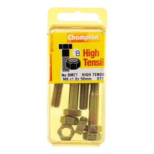 CHAMPION BM77 METRIC HIGH TENSILE BOLTS & NUTS M8 x 1.0 x 50mm PACK OF 4