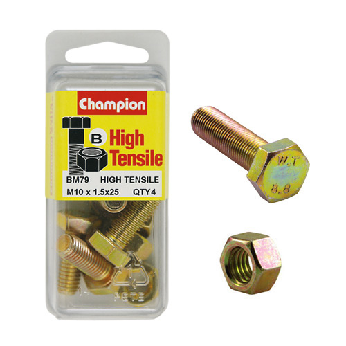 CHAMPION BM79 METRIC HIGH TENSILE BOLTS & NUTS M10 x 1.5 x 25mm PACK OF 4