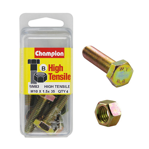 CHAMPION BM83 METRIC HIGH TENSILE BOLTS & NUTS M10 x 1.5 x 35mm PACK OF 4