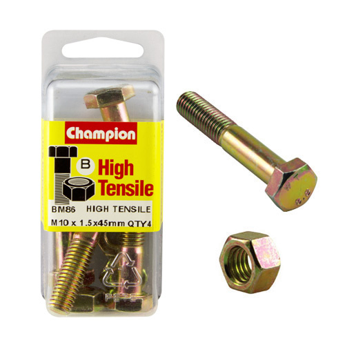 CHAMPION BM86 METRIC HIGH TENSILE BOLTS & NUTS M10 x 1.5 x 45mm PACK OF 4