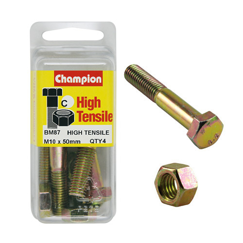 CHAMPION BM87 METRIC HIGH TENSILE BOLTS & NUTS M10 x 1.5 x 50mm PACK OF 4