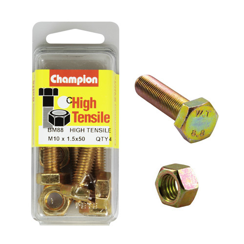 CHAMPION BM88 HIGH TENSILE FULL THREAD BOLTS & NUTS M10 x 1.5 x 50mm PACK OF 4