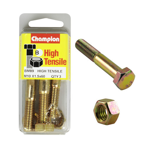 CHAMPION BM89 METRIC HIGH TENSILE BOLTS & NUTS M10 x 1.5 x 60mm PACK OF 3