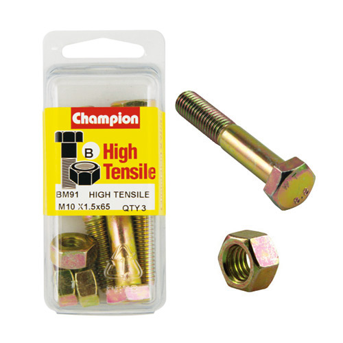 CHAMPION BM91 METRIC HIGH TENSILE BOLTS & NUTS M10 x 1.5 x 65mm PACK OF 3