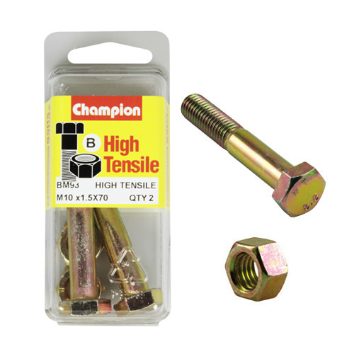 CHAMPION BM93 METRIC HIGH TENSILE BOLTS & NUTS M10 x 1.5 x 70mm PACK OF 2