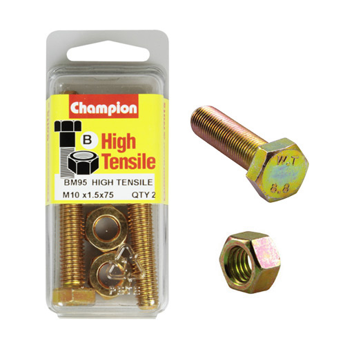 CHAMPION BM95 HIGH TENSILE FULL THREAD BOLTS & NUTS M10 x 1.5 x 75mm PACK OF 2