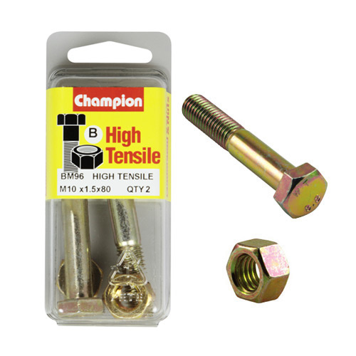 CHAMPION BM96 METRIC HIGH TENSILE BOLTS & NUTS M10 x 1.5 x 80mm PACK OF 2