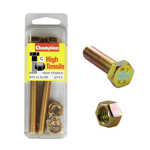 CHAMPION BM99 HIGH TENSILE FULL THREAD BOLTS & NUTS M10 x 1.5 x 100mm PACK OF 2