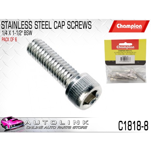 CHAMPION c1818-8 STAINLESS ALLEN KEY CAP HEX HEAD SCREWS 1/4" x 1-1/2" BSW x6