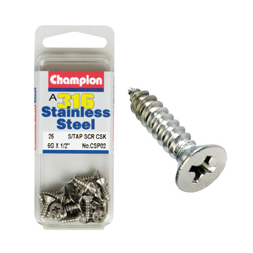 CHAMPION CSP02 316 STAINLESS STEEL COUNTERSUNK SELF TAPPING SCREWS 6g x 1/2" x25
