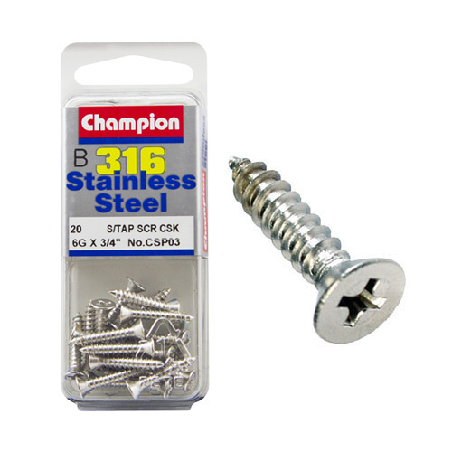 CHAMPION CSP03 316 STAINLESS STEEL SELF COUNTERSUNK TAPPING SCREWS 6g x 3/4" x20