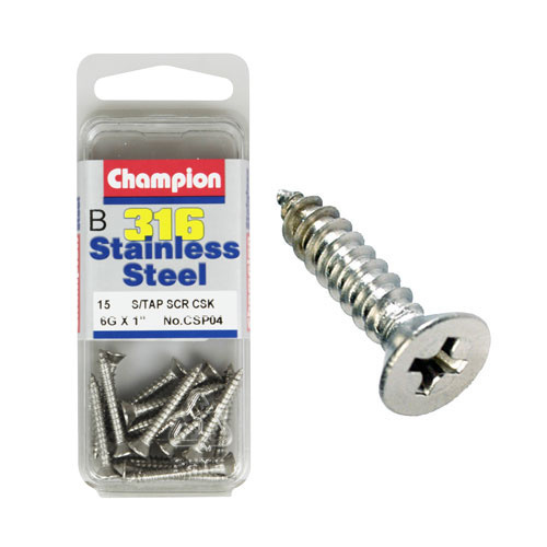 CHAMPION CSP04 316 STAINLESS STEEL COUNTERSUNK SELF TAPPING SCREWS 6g x 1" x15