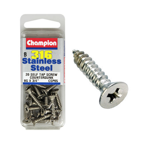 CHAMPION CSP05 316 STAINLESS STEEL COUNTERSUNK SELF TAPPING SCREWS 8g x 3/4" x20