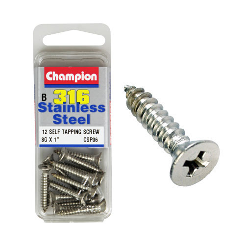 CHAMPION CSP06 316 STAINLESS STEEL COUNTERSUNK SELF TAPPING SCREWS 8g x 1" x12