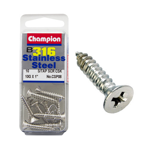 CHAMPION CSP08 316 STAINLESS STEEL COUNTERSUNK SELF TAPPING SCREWS 10g x 1" x10