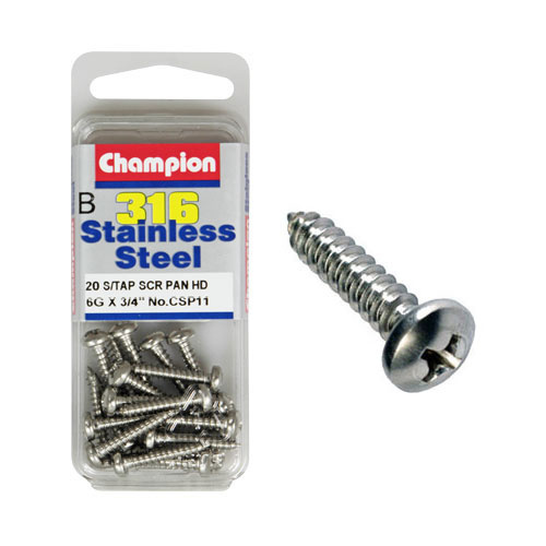 CHAMPION CSP11 STAINLESS STEEL SELF TAPPING PAN HEAD SCREWS 6g x 3/4" PACK OF 20