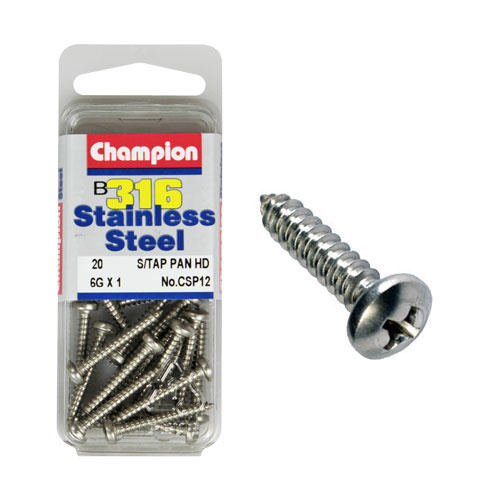CHAMPION CSP12 STAINLESS STEEL SELF TAPPING PAN HEAD SCREWS 6g x 1" PACK OF 20