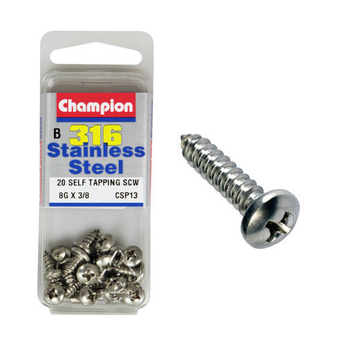CHAMPION CSP13 STAINLESS STEEL SELF TAPPING PAN HEAD SCREWS 8g x 3/8" PACK OF 20